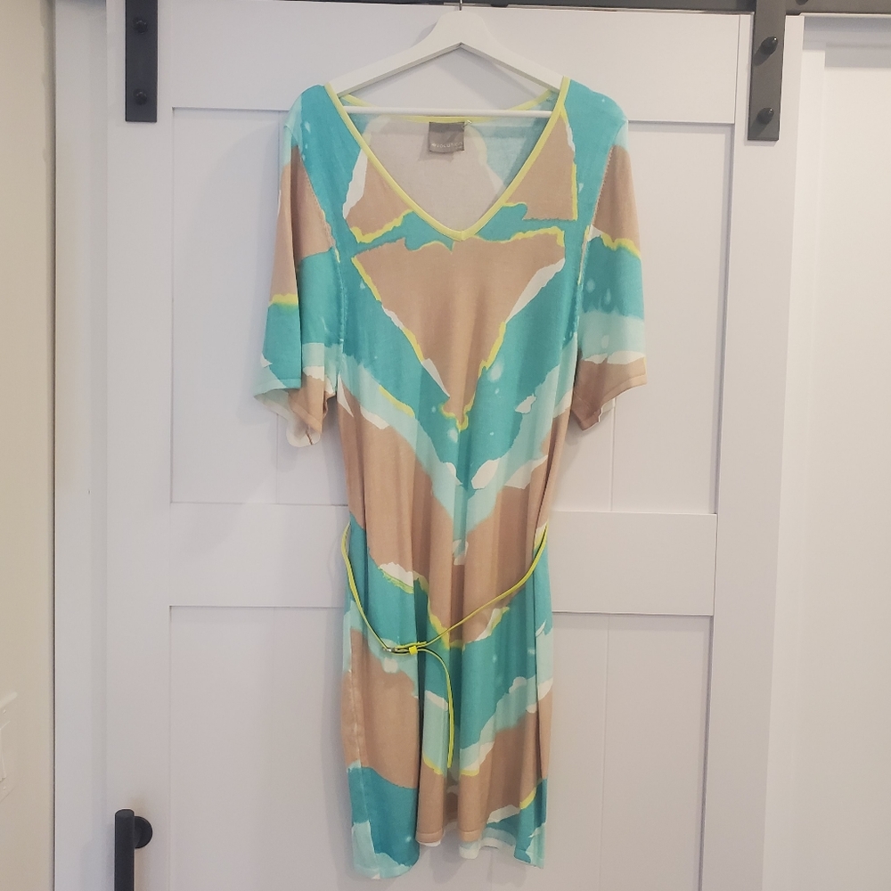 Teal green, tan & yellow knit belted dress by Evolution, size 12